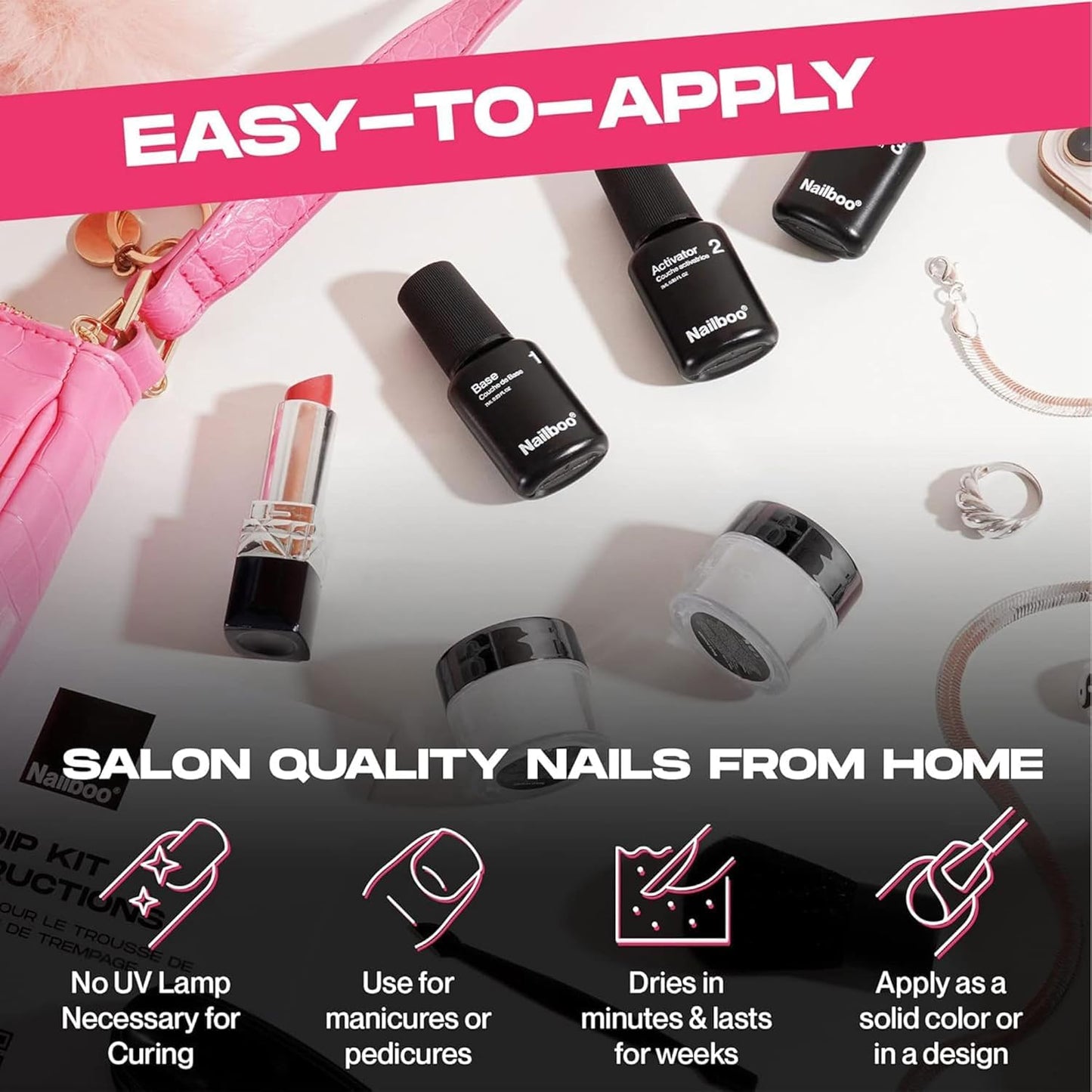 Nailboo Dip Powder Nail Kit - Includes 3 Custom Made Dip Powders, Gel Base Coat, Activator, Top Coat, Pro Tools for Salon-Qualit
