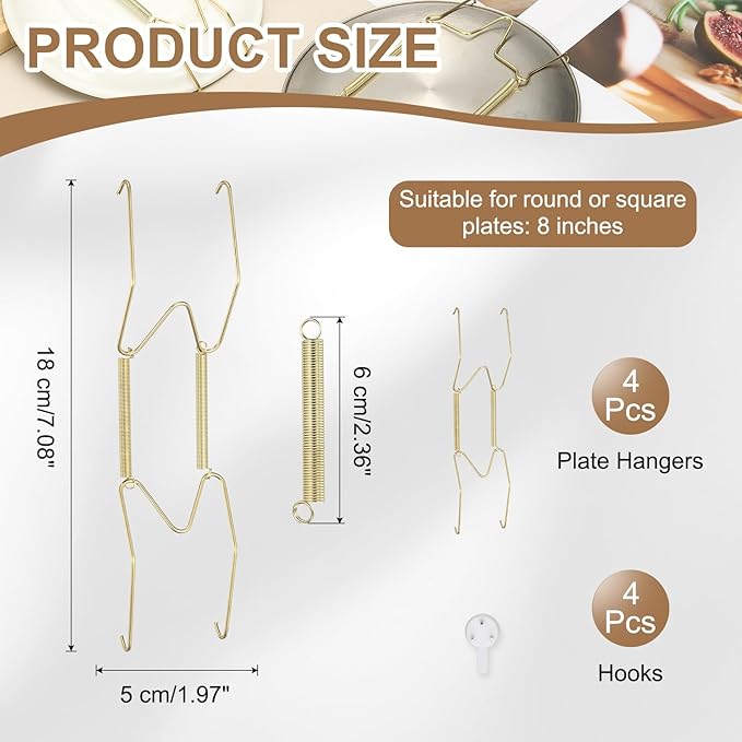 uxcell 4pcs Plate Hanger, 8 Inches Universal Stainless Steel Invisible Plate Hangers for The Wall W-Shaped Holder with Traceless Nail for Decorations, Golden