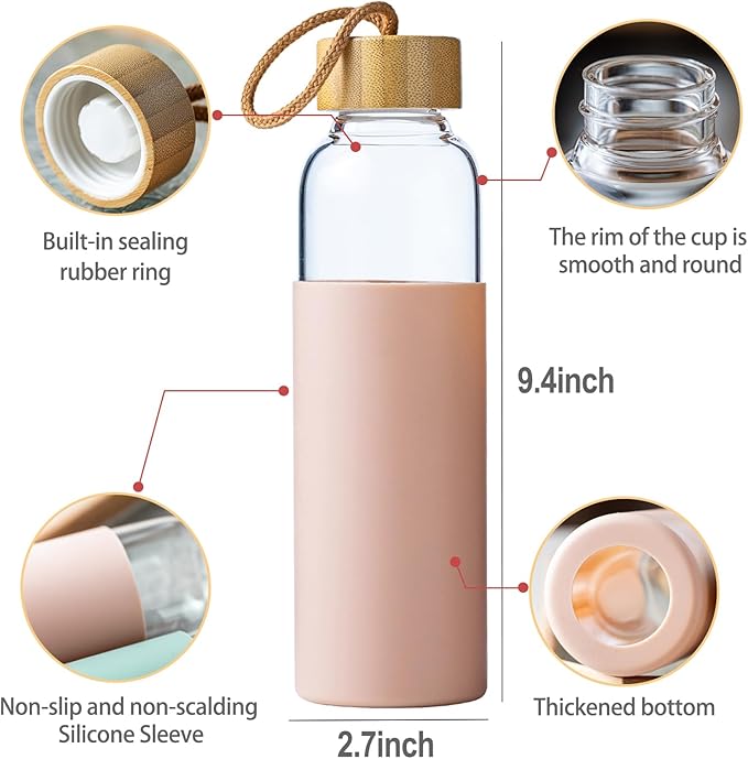 21oz Glass Water Bottle with Silicone Sleeve & Bamboo Lid, BPA Free Reusable Water Bottle Glass for Gym Office Travel, Gift for Fitness Enthusiasts (Pink+Black)
