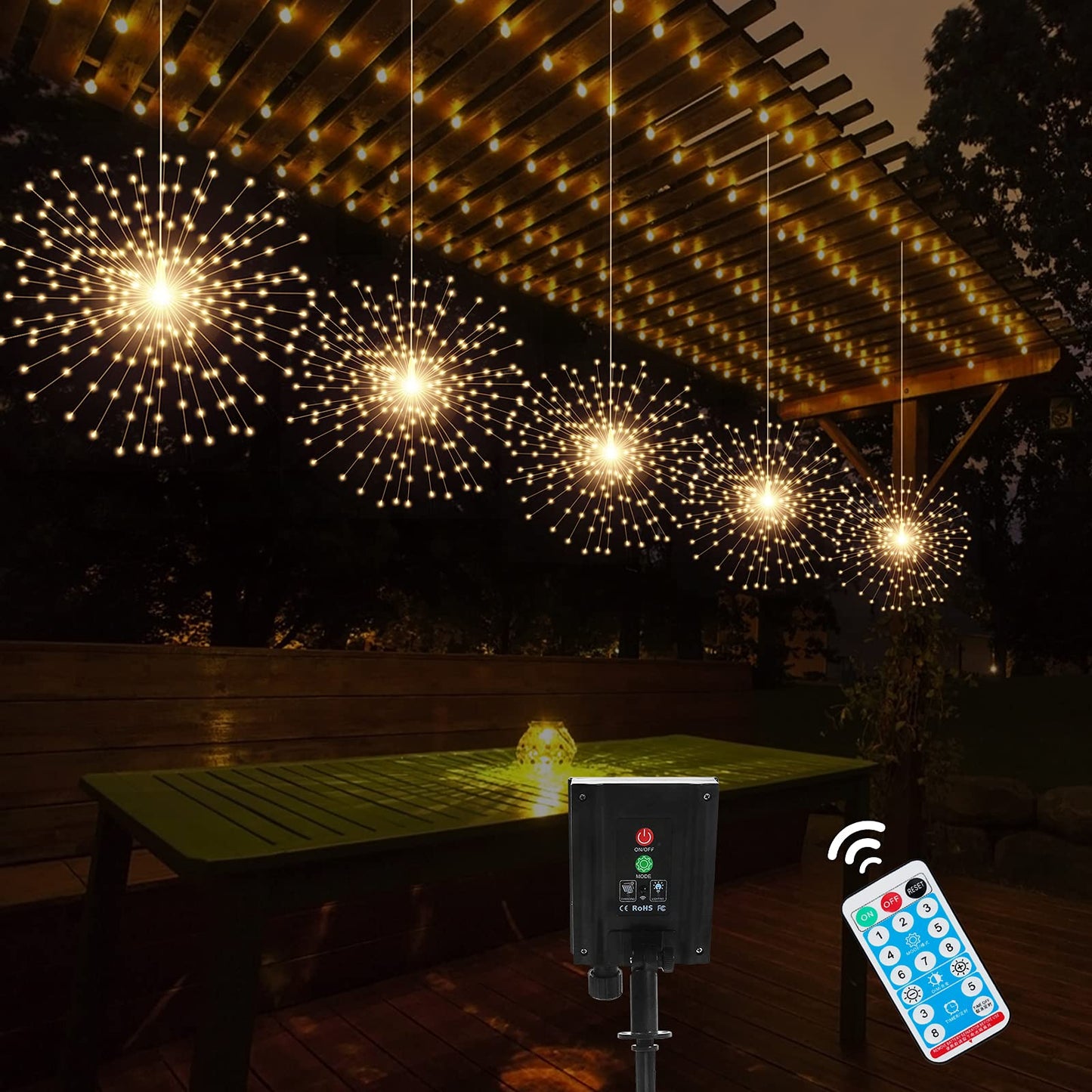 PXBNIUYA Solar Starburst Sphere Lights, 200 LED, 8 Modes, Waterproof, 5 Pack with Remote, Warm White