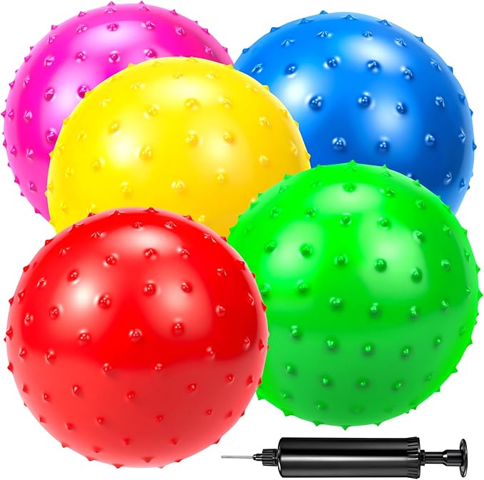 Hymaz Knobby Balls Bulk 9" Soft Bouncy Ball Sensory Toys Spiky Massage Stress Ball, Set of 5 Sensory Balls with Pump, Part...