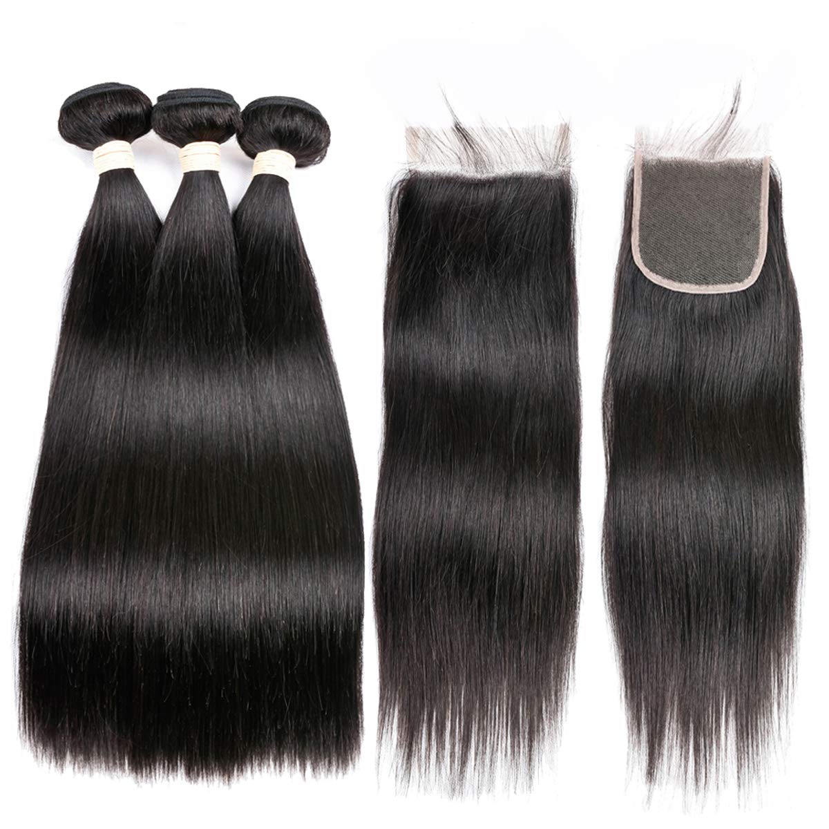 Beauhair Brazilian Virgin Human Hair 3 Bundles With (4x 4) Lace Free Part Closure Straight Wave Weft 100% Real Human Hair Extens