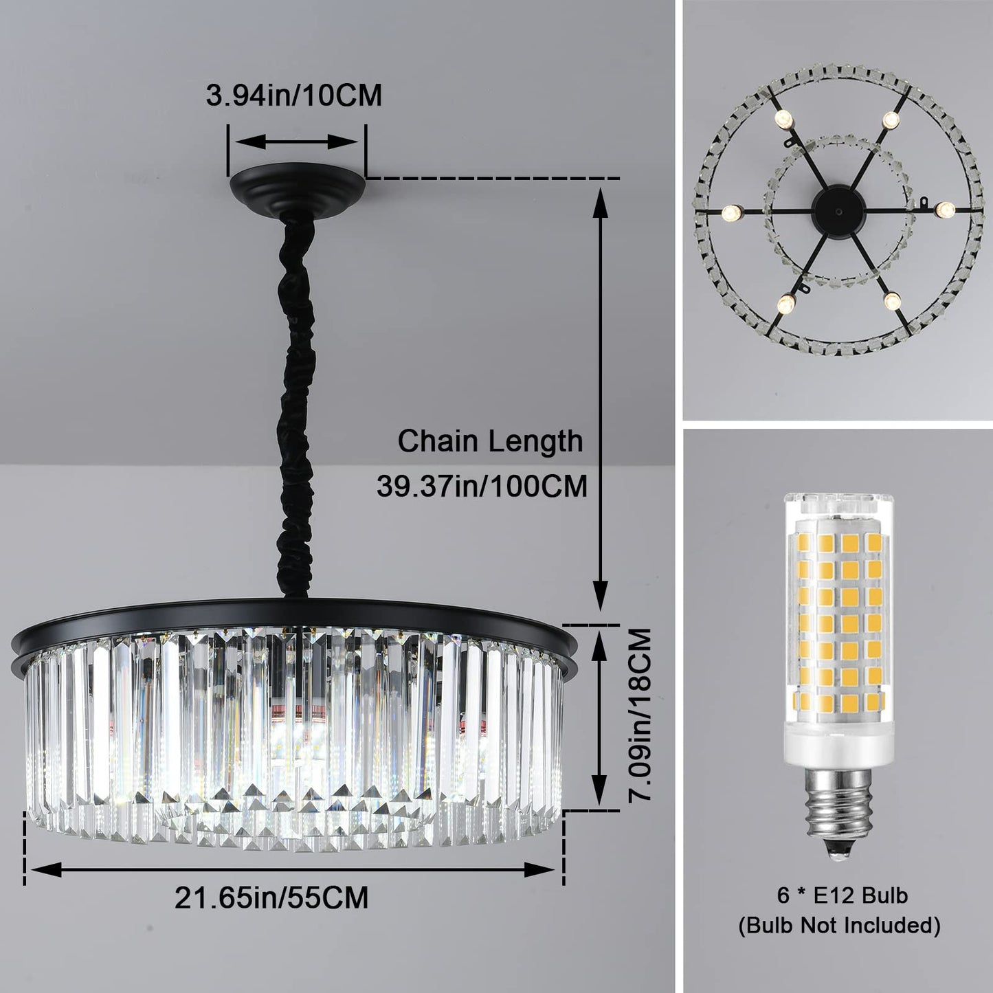 Laiuetai Black Modern Crystal Chandelier  2-Tier Round Flush Mount Ceiling Light Fixtures Height Adjustable Pendant Lighting For Dining Room Living Room Bedroom Kitchen Hotel Foyer