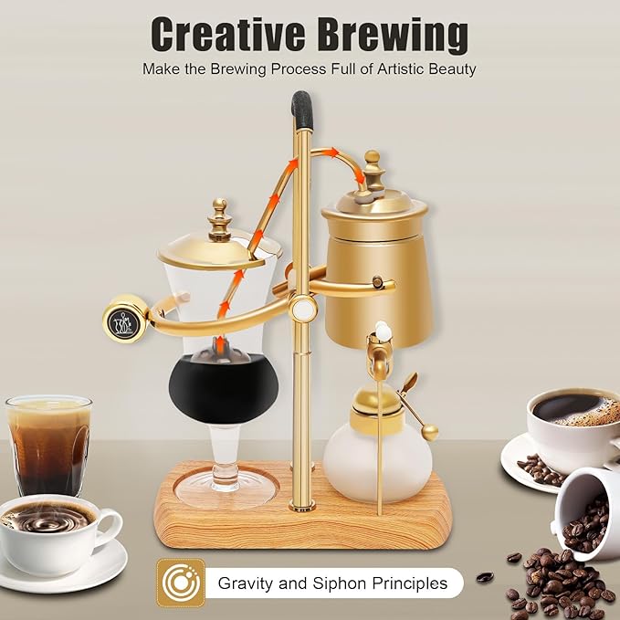 Balance Siphon Coffee Maker Belgian Royal Vintage Coffee Maker Retro Gravity Coffee Machine 13.53 OZ Vacuum Coffee Makers Brewing System for Commercial and Domestic Use (Gold)
