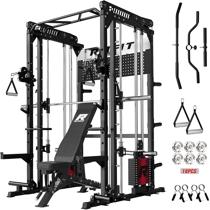 RitFit M1 Pro Smith Machine Package, All-in-One Power Cage with Weight Stack Set, Includes LAT Pulldown & Cable Crossover ...