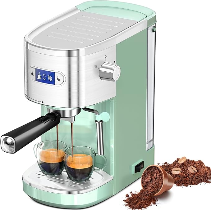 Espresso Machine 20 Bar, Professional Stainless Steel Coffee Maker with LCD Display, Steam Wand, 45oz Removable Water Tank, for Espresso, Cappuccino, Latte at Home or Office, Green