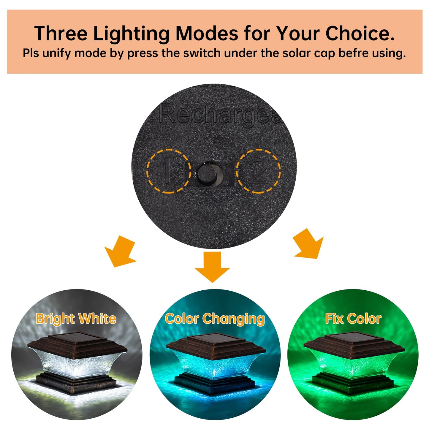 HUYIENO Solar Post Cap Lights Outdoor LED, Warm White/7 RGB, 4x4 & 5x5, Brushed Copper, 8pk, Model HY1238C-