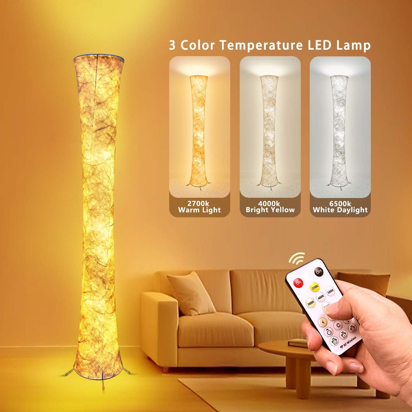 yinghuochong LED Floor Lamp, 61in  Dimmable, 3 Color Temperatures, Remote & APP Control, Modern Design, Tyvek Fabric Shade