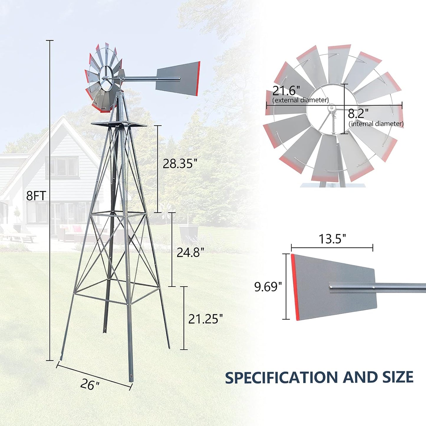 8ft Garden Windmill, Heavy Duty Durable Metal Weather Vane for Backyard, Ornamental Windmill for Yard Weather Resistant (Gray, 8FT)