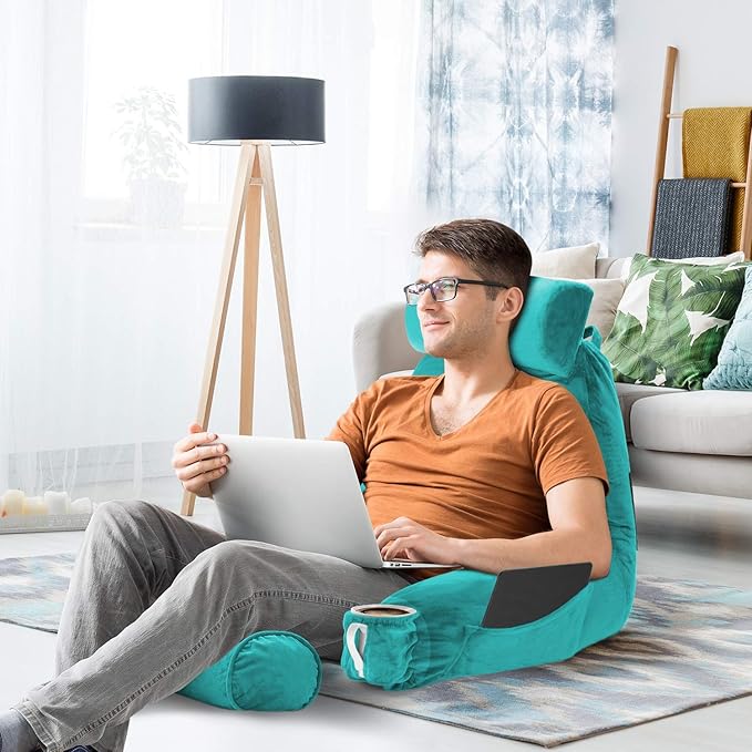 Nestl Reading Pillow Large Bed Pillow, Back Pillow for Sitting in Bed Shredded Memory Foam Chair Pillow, Reading & Bed Rest Pillows Teal Back Pillow for Bed, Bed Chair Arm Pillow with Pockets
