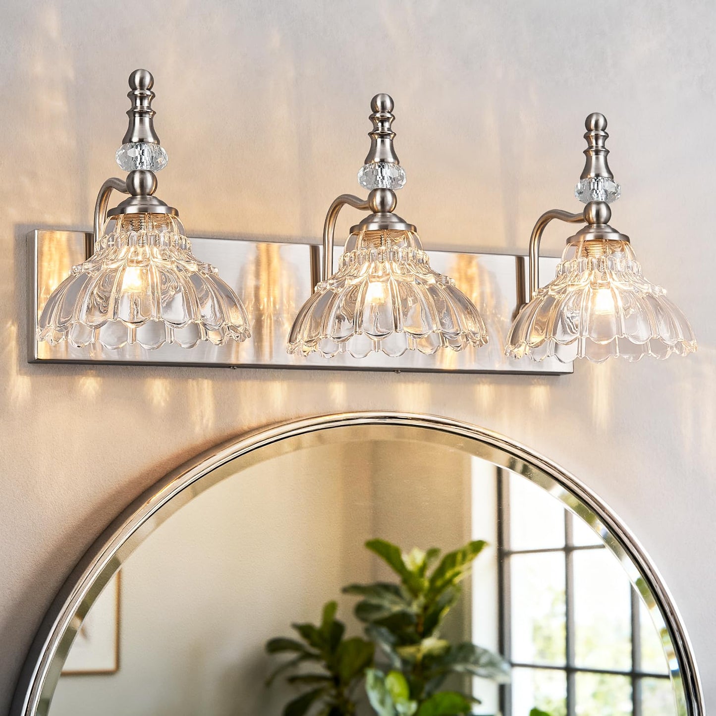 Lbsqj Vintage Bathroom Vanity Light  3-Light Brushed Nickel Vanity Lighting Fixture With Flower Glass Shade  Bathroom Lighting Fixtures Over Mirror