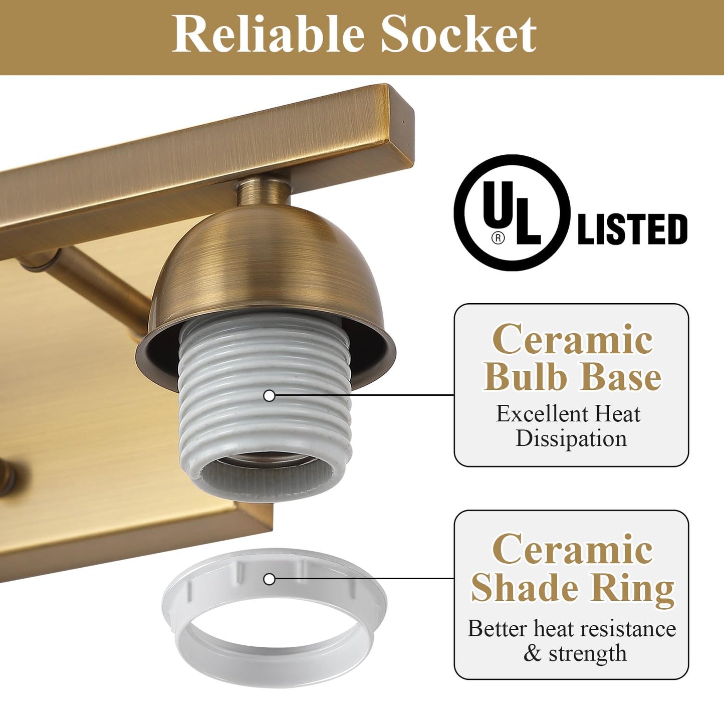 Mecgirn Stainless Steel Bathroom Light Fixtures, 2 Light Vanity Lights Over Mirror, Brass Finish, Model B0003-2-Brass