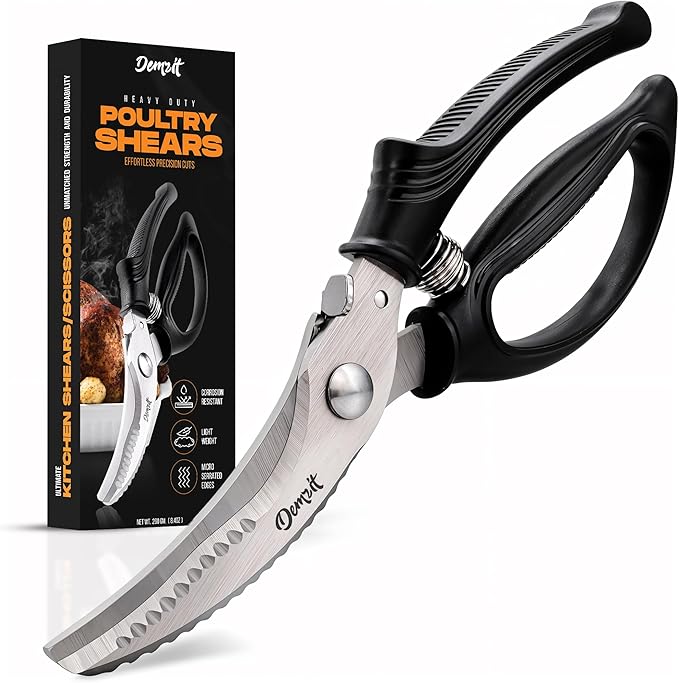 Poultry Shears, Kitchen Shears Heavy Duty for Food With Anti-Slip Handle & Safety Lock, Meat Scissors, Chicken, Lobster, Quail, Fish, Food Cutting Scissors, Bone Cutter - Spring Loaded
