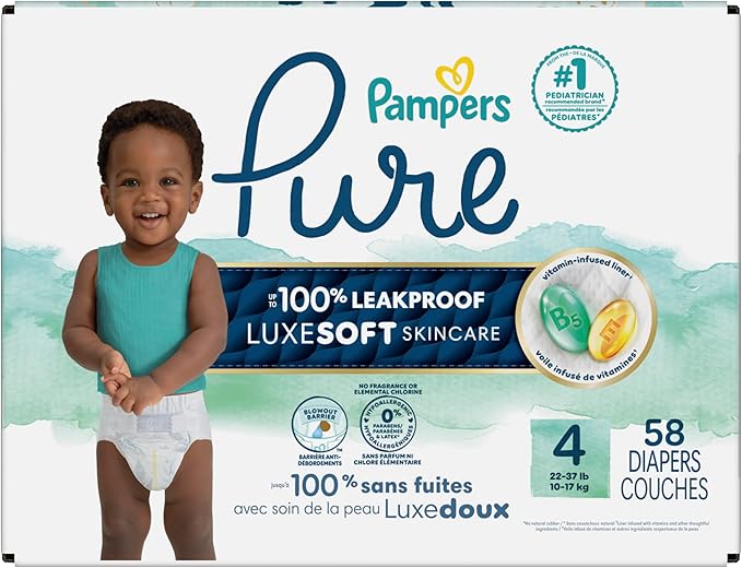 Pampers Pure Protection Baby Diapers, Size 4 (22-37 lbs), 58 Count, Up to 100% Leakproof, Premium Plant-based Skin Protection, Hypoallergenic Soft Diapers