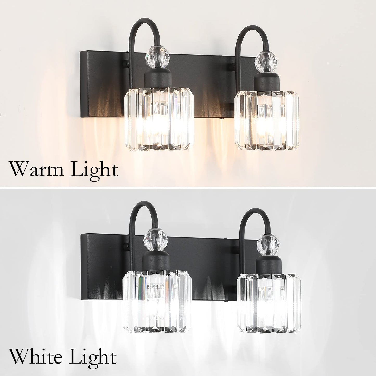 Ralbay 2-Light Vanity Light, Modern Crystal Wall Fixture, Matte Black, Model 8600, Round-Black Metal Bathroom Lighting