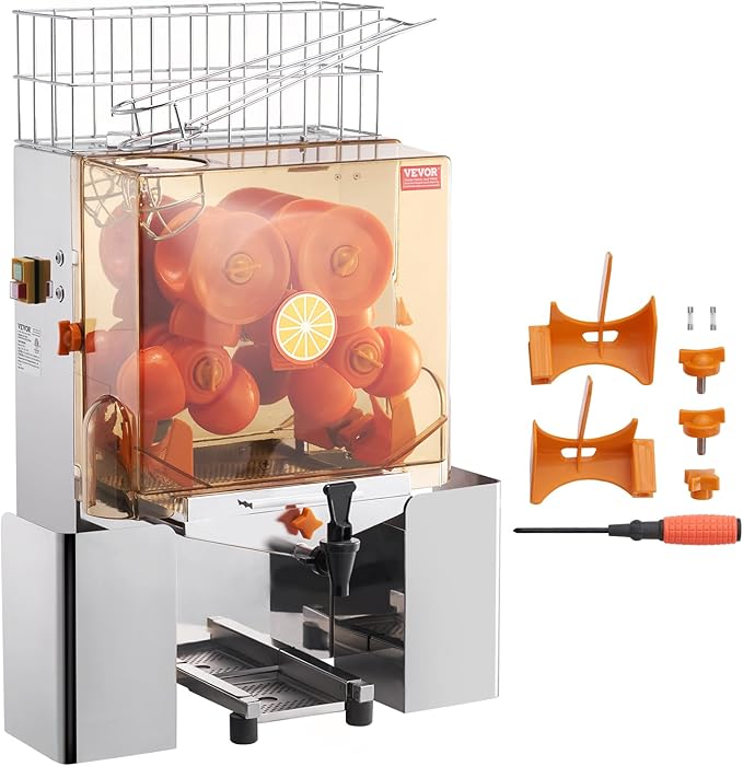 VEVOR Commercial Orange Juicer Machine, 120W Automatic Juice Extractor with Water Tap, Stainless Steel Orange Squeezer 20 Oranges/Minute, with Pull-Out Filter Box, PC Cover, 2 Peel Collecting Buckets