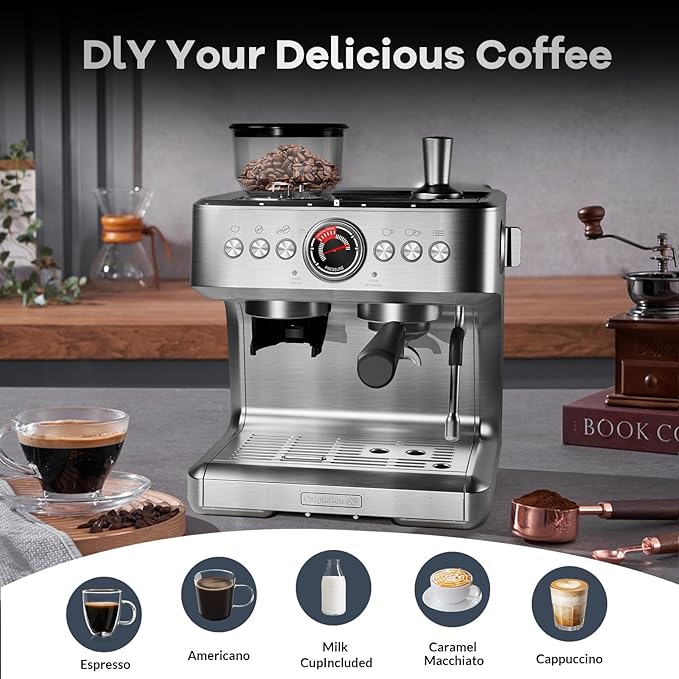 PeakPursuit Espresso Machine, Grinder, 20 Bar Semi-Automatic Coffee Maker with Milk Frother Steam Wand, PID Temperature Control, 2.8L Water Tank,Home Espresso Coffee Maker for Latte, Cappuccino