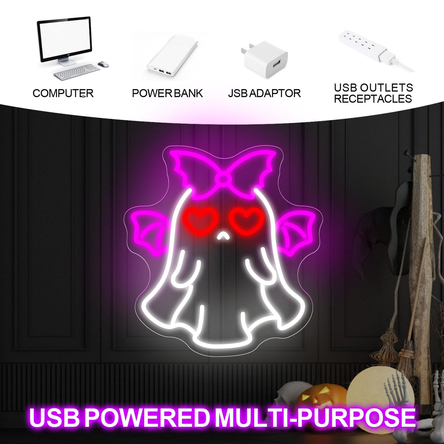 Bat Ghost Neon Sign Spooky Halloween Neon Decor Gothic Style For Halloween Decor Unique Gift For Kidroom Decoration Funny Bedrooms Wall Art Party  14.2X13
