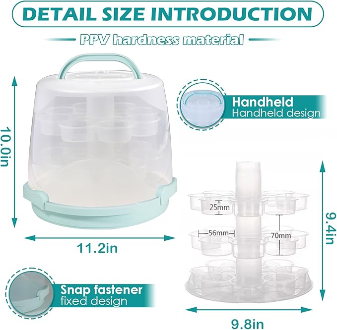 Cake Carrier Round Cake Stand Plus Height Cake Container with Cupcakes Pad, Handle, Lid Reusable Package Box for Transporting Desserts,Pie,Toast,Fruit (10" Blue)