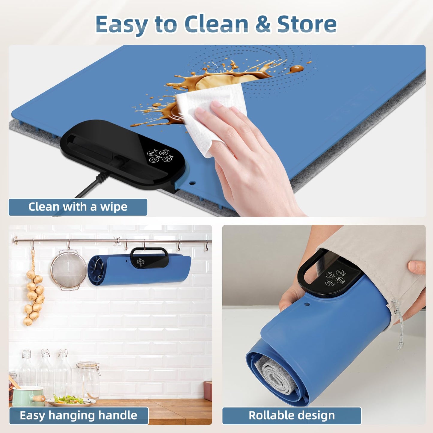 Food Warming Mat – Fast Heating Electric Warming Tray with 7 Temp Settings, 11-Hour Timer & Auto Shut-Off, Foldable Silicone Mat with Child Lock, Portable Warming Pad for Buffets, Holidays – Blue