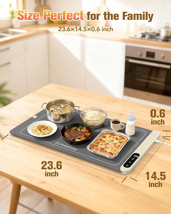 Potahouse® Warming Mat for Food, Graphene Full-Surface Fast Heating, Electric Warming Tray with 6 Temp & Timer Settings, Rollable & Portable Silicone Food Warmer for Parties, Home and Travel, Gray