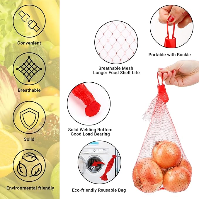 100 Pack Reusable Produce Bags, Watermelon Nets with Loop-Style Closures, Onion Bags Mesh Bags for Vegetables, Melon Cradle for Garden Trellis Fruit Hammock Onion Storage, 23.6 inch Red