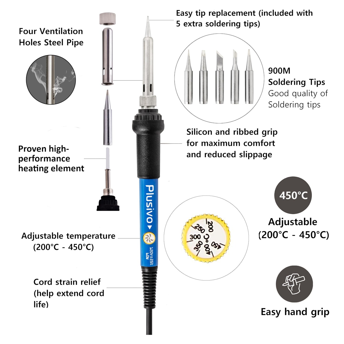 Soldering Iron Kit, 60W Soldering Iron, 5 Soldering Iron Tips, 21-in-1 Adjustable Temperature, Solder Wire, Stand, Desoldering Pump, Soldering Welding Iron Kit for Electronics Hobby DIY 110V US Plug