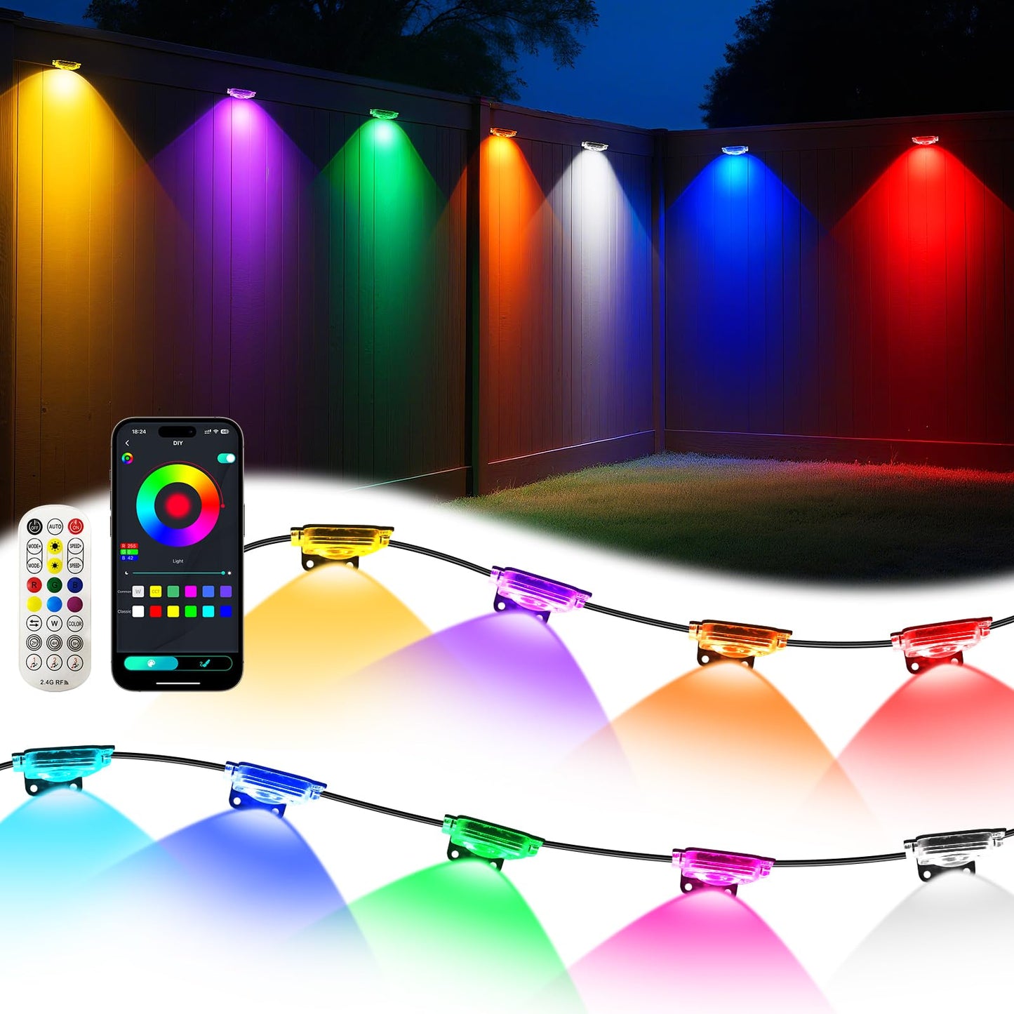 PIYOOPDR RGB-IC LED Christmas Eave Lights, 50FT, 30LED, IP67 Waterproof, Smart Control, Black