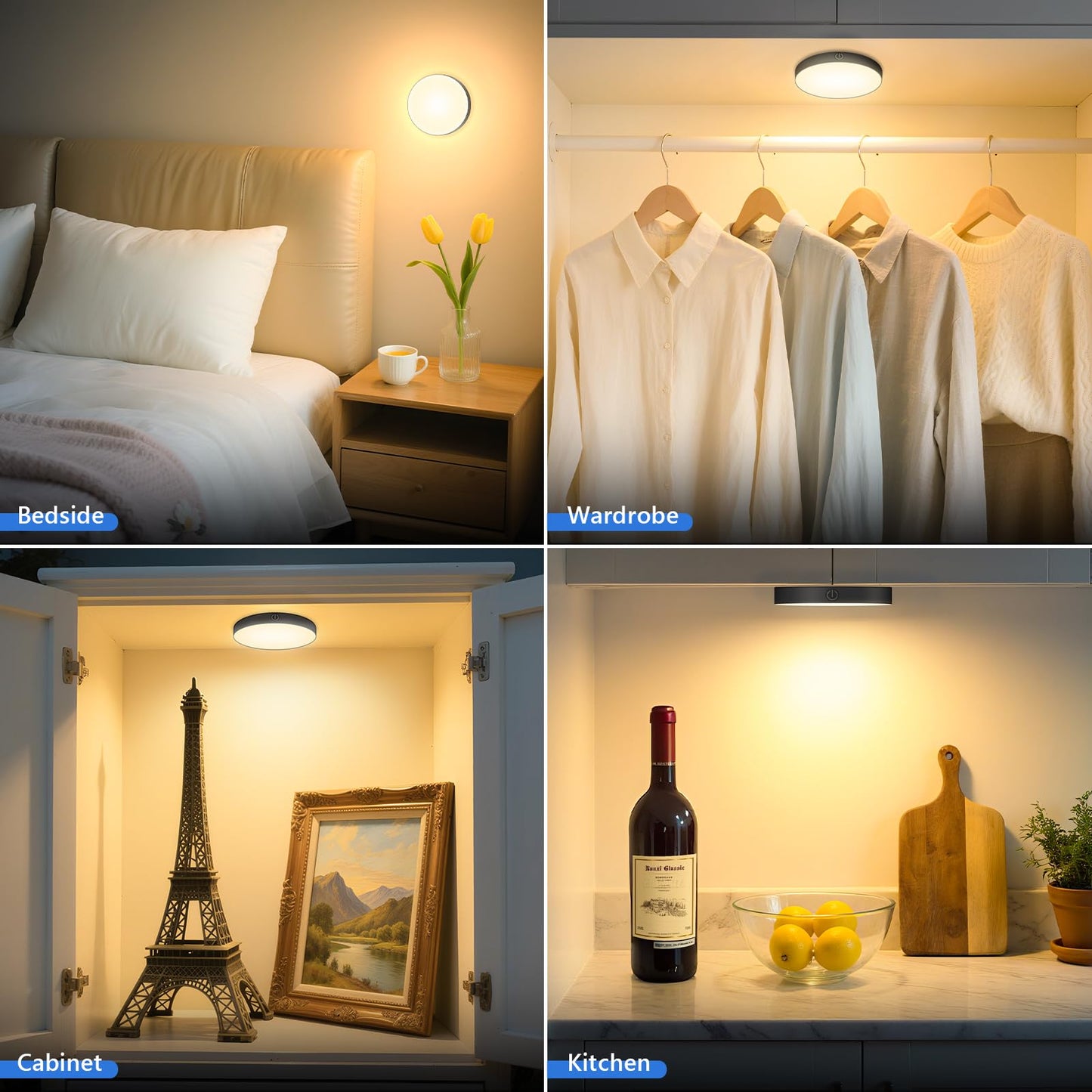 Ferswe Dimmable Touch Light, LED Night Light, Rechargeable, 3000K, 1000mAh Battery, Black, Model F-US007, 2 Pack