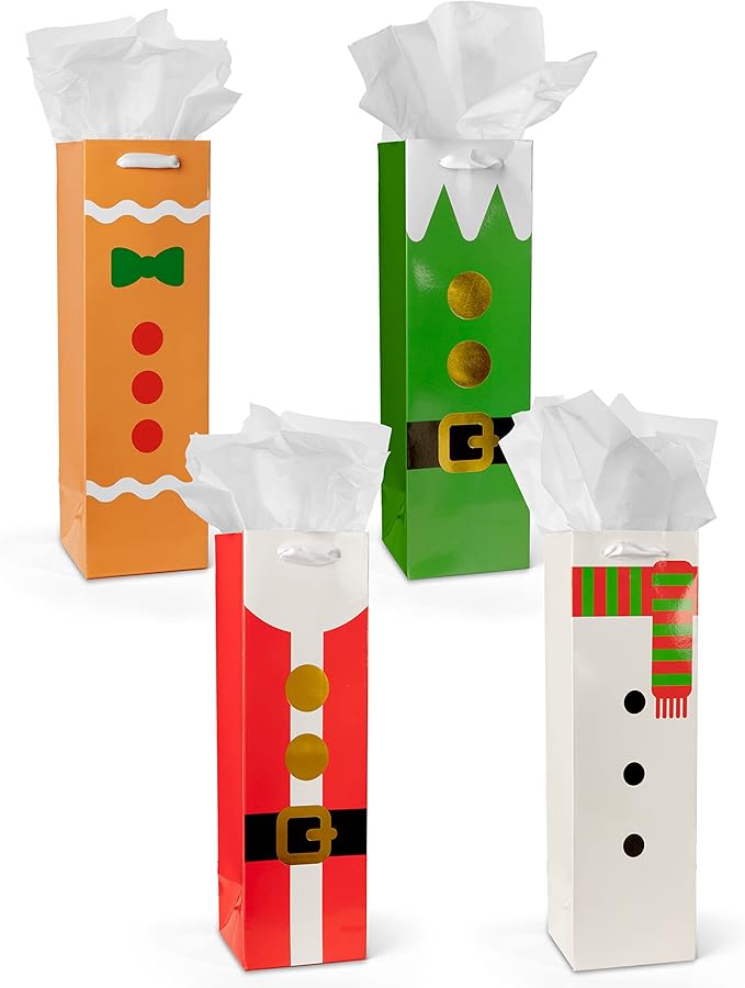 Tipsy Elves Christmas Gift Bags with Included Tissue Paper - Holiday Character Wine and Bottle Bags - One Size Only - Pack of 4 Bags