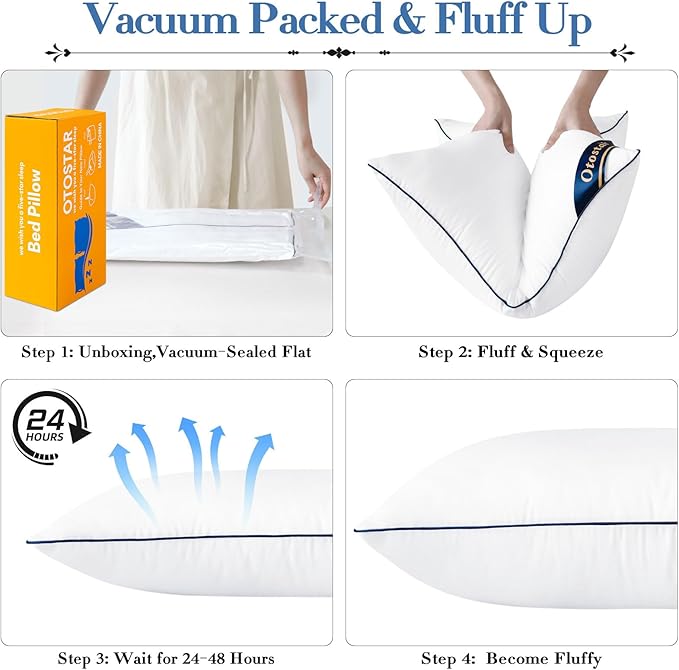 OTOSTAR Bed Pillows for Sleeping 2 Pack Queen Size Cooling Pillows Luxury Sleeping Pillow 3D Microfiber Filling Breathable Cover Soft Hotel Collection Pillows for Back Side or Stomach Sleepers