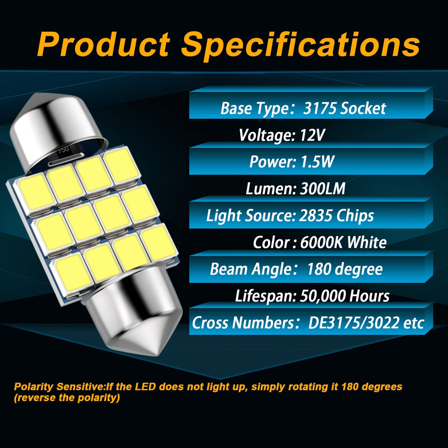 Giveubed 3175 Festoon Led Car Bulb, 31Mm, 6000K White, Super Bright, Pack Of 6 For Interior Dome Map Door Lights