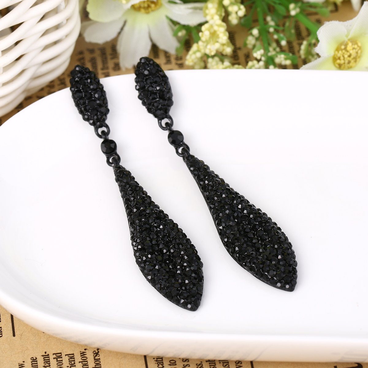 EVER FAITH Women's Austrian Crystal Double Waterdrop Wedding Prom Pierced Dangle Earrings Black Black-Tone
