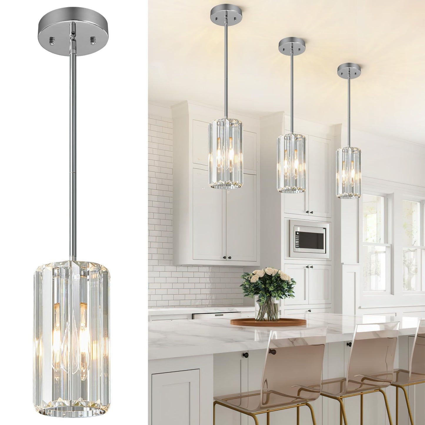 Zhllmq Chrome Pendant Lighting Modern Pendant Light Mini Crystal Chandeliers Adjustable Pendant Light Fixture For Kitchen Island Dinning Room Corridor Bedroom(Chorme 3-Pack)