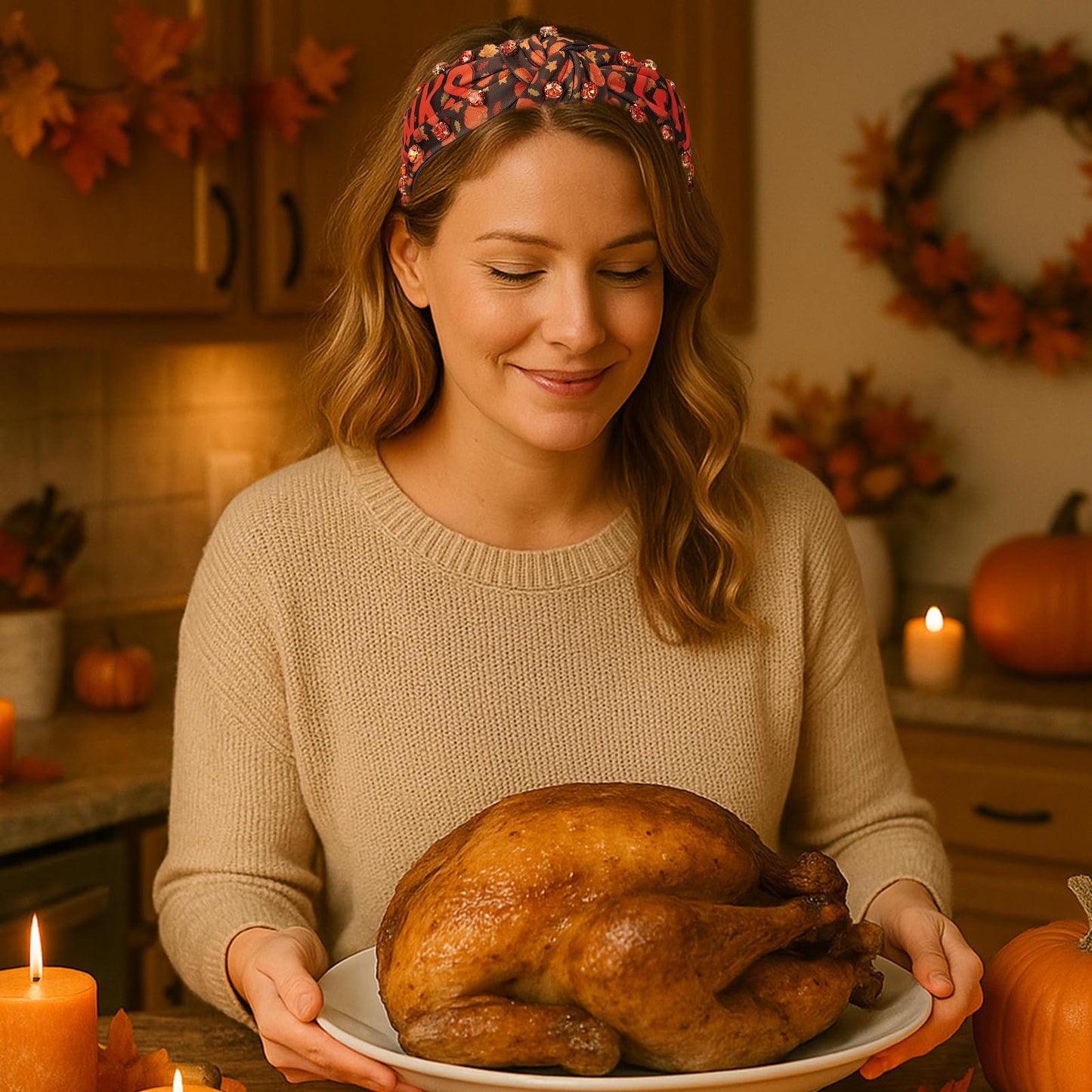 IDDFEVE Thanksgiving Day Headbands for Women - Fall Rhinestone Knotted Hair Hoop, Autumn Pumpkin Maple Leaves Crystal Pearl Acce