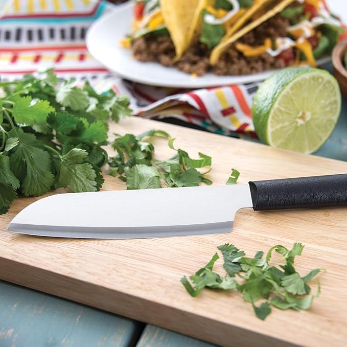 Rada Cutlery Essential Oak Block Set (G258), Stainless Steel Hollow Ground Blades, Made in USA, Black Handles