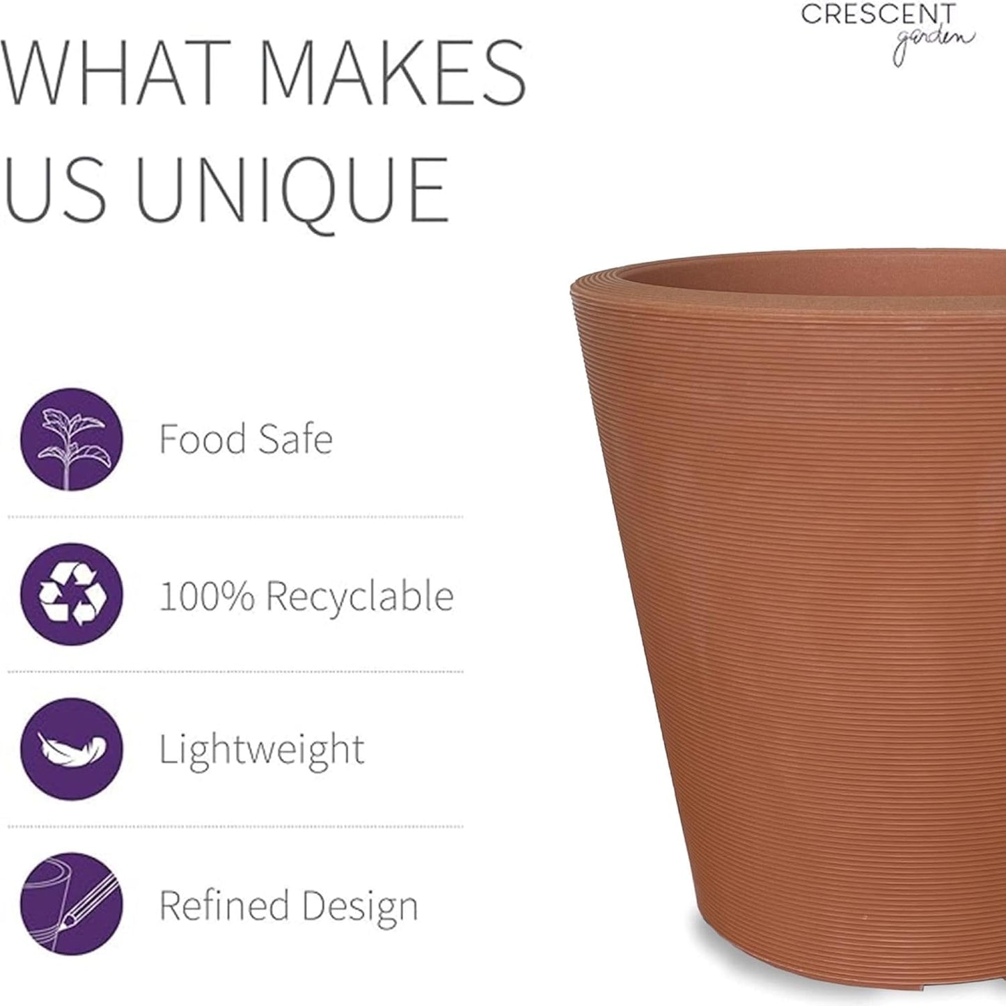 Crescent Garden Madison Planter– Weather-Resistant, Double Walled Indoor/Outdoor Plant Pot with Drain Hole – Durable All-Season Plastic Flower Container, 16" W (Terracotta-Colored)