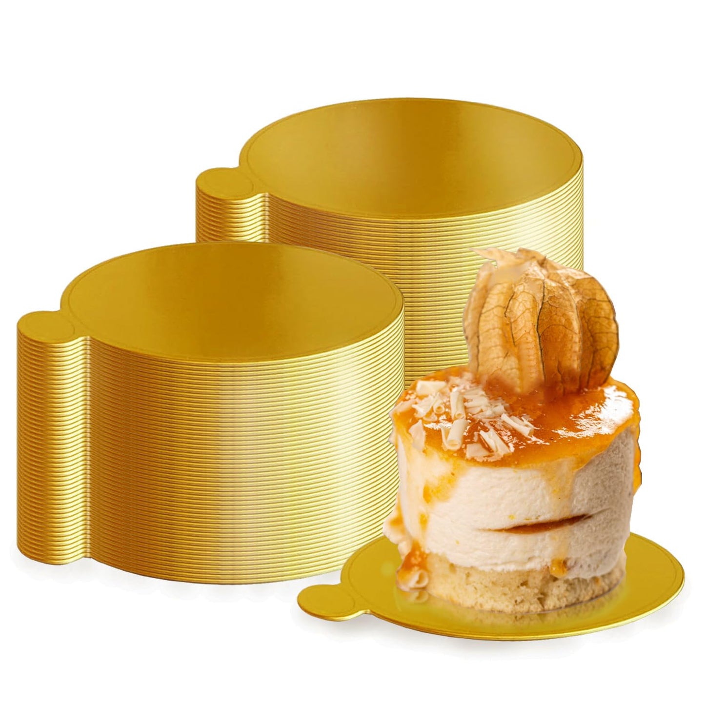 CEWIFO Mini Cake Boards, Gold Cake Boards 100 Pcs Food-Graded Cake Base, Gold Circle Base 3.1 inch Round Paper Cupcake Dessert Displays Tray for Cake DIY, Baking Dessert Party Wedding Birthday