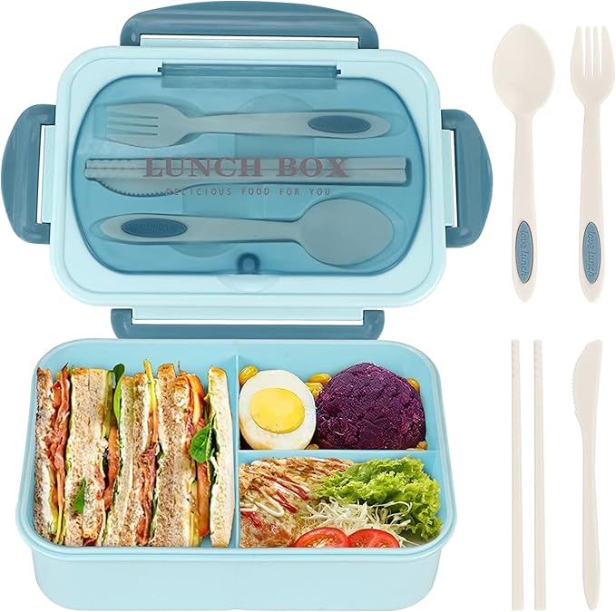 Bento Box for Adult, 1200 ML Lunch Containers for Adults, LeakProof Lunch Box with Utensils, BPA Free, 3 Compartment Bento Box Microwave Safe
