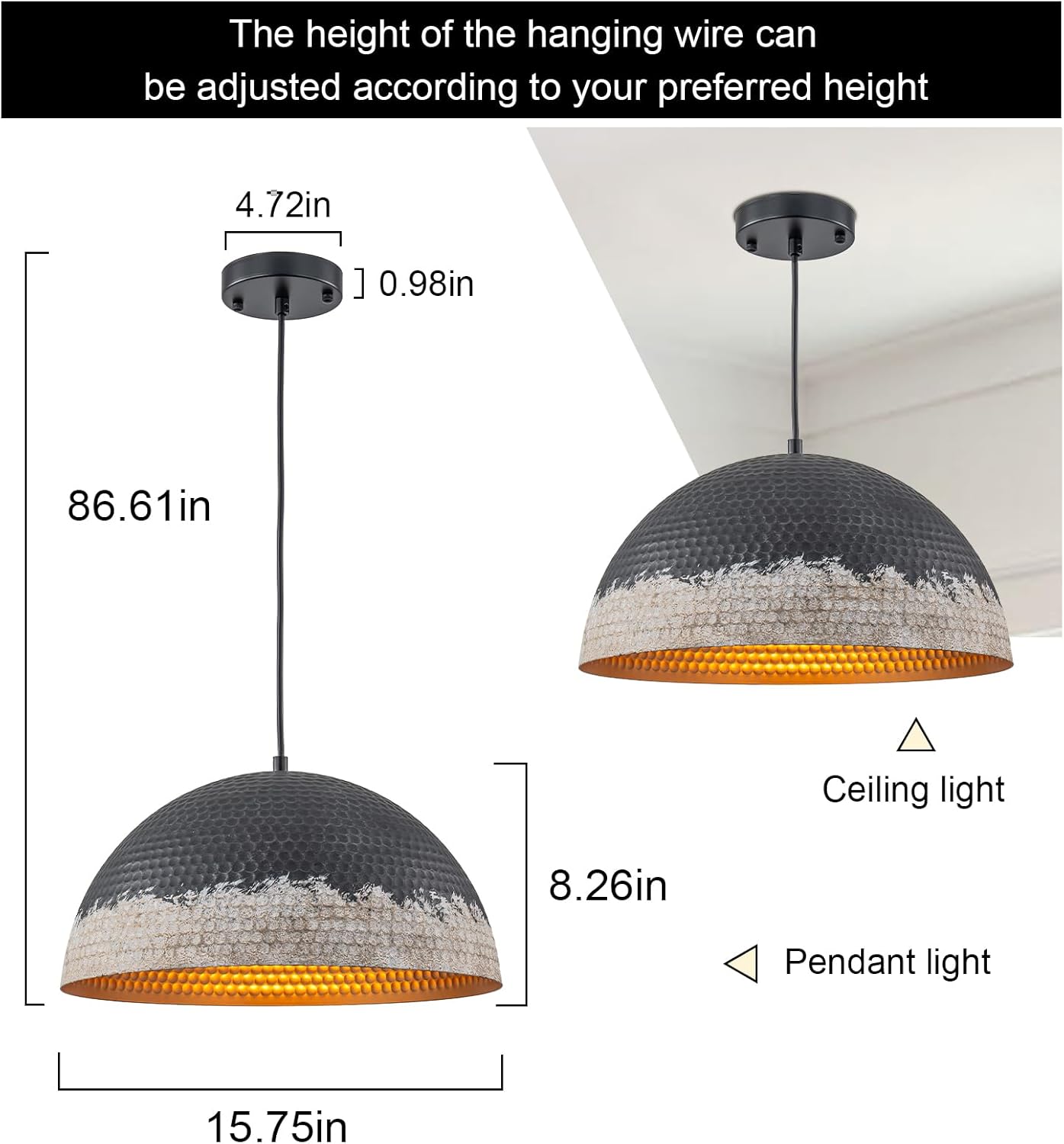 Y'INSP 15.75" Black Distressed Pendant Light Fixtures, Hammered Pendant Lights Kitchen Island, Farmhouse Dome Pendant Lighting, Industrial Hanging Lights for Dining Room Bedroom Hallway Foyer