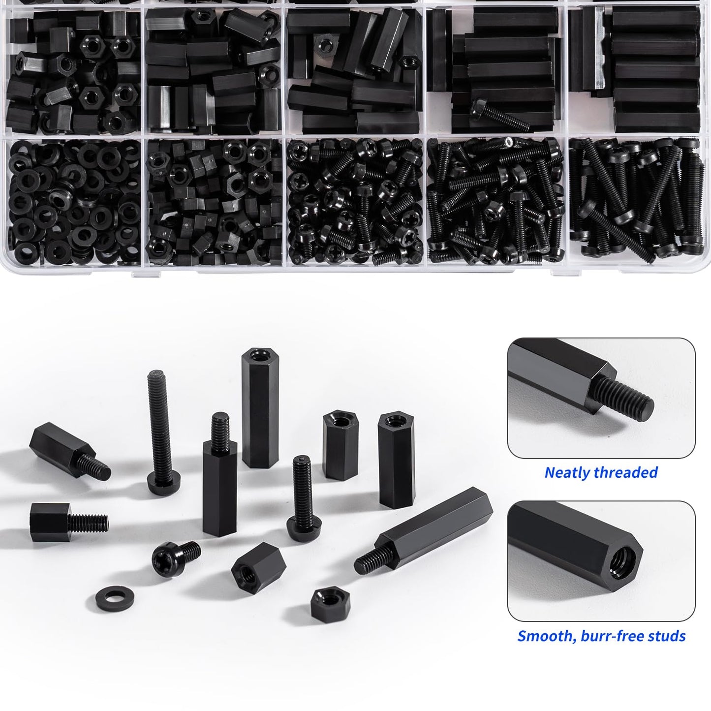 580 PCS M3 Black Nylon Standoff Kit with Spacers, Screws, and Nuts - Motherboard & PCB Mounting Standoffs and Screws, Threaded Pillar Spacers for Circuit Boards and Computer Building