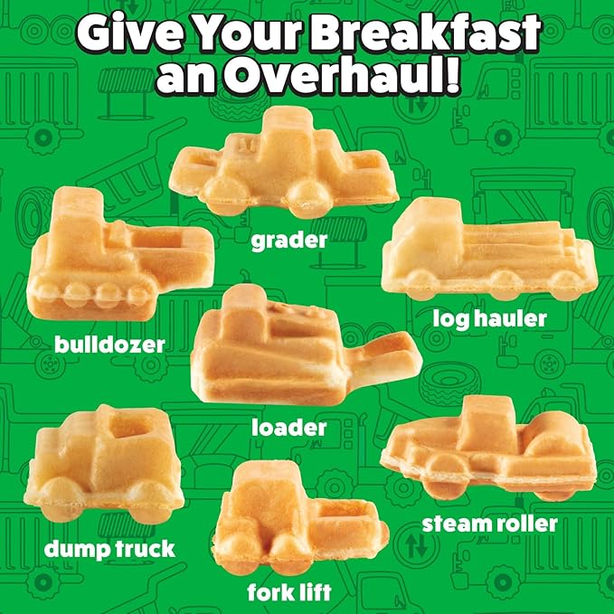 Construction Trucks Mini Waffle Maker- Make 7 Different 3D Vehicle Shaped Pancakes Feat a Bulldozer Forklift & More- Electric Nonstick Pan Cake Car Waffler Iron w Recipe Guide, Fun Kids Treat or Gift