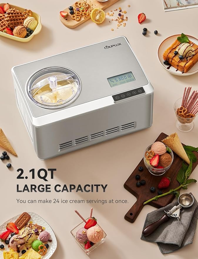 Ice Cream Maker, Fastest Freezing 2.1QT Ice Cream Machine with Built-in Compressor Easy Operate & Clean Automatic Ice Cream Maker Machine All Stainless Steel, LCD Display