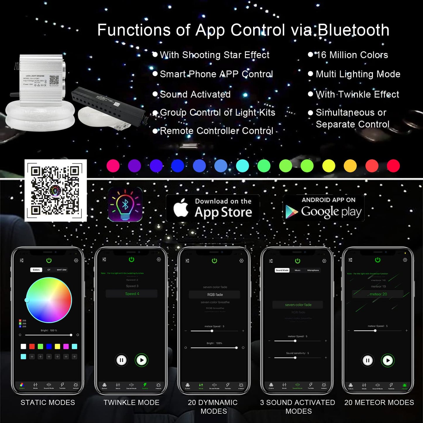 AKEPO Fiber Optic Lights Kit, Dual Head Meteor Light, 16W RGBW, 9.8ft/3m, Model QJ-L0106T, Colors: Blue, Green