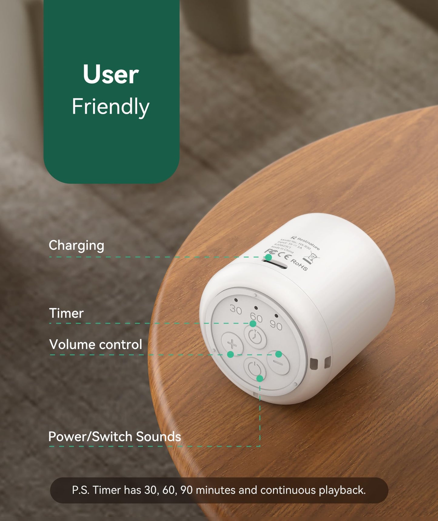 Restnature White Noise Sound Machine - Portable Sound for Sleep, Travel Sound Machine for Baby Adults, 16 Nature Sound, Timer, White Noise Machine for Sleeping Office Privacy Home Gift