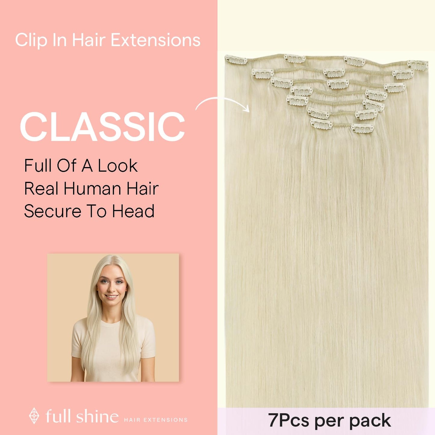 Ful Shine Platinum Blonde Hair Extensions, 22 Inch Clip in Hair Extensions Real Human Hair, Soft Silky Straight Long Hair for Wo