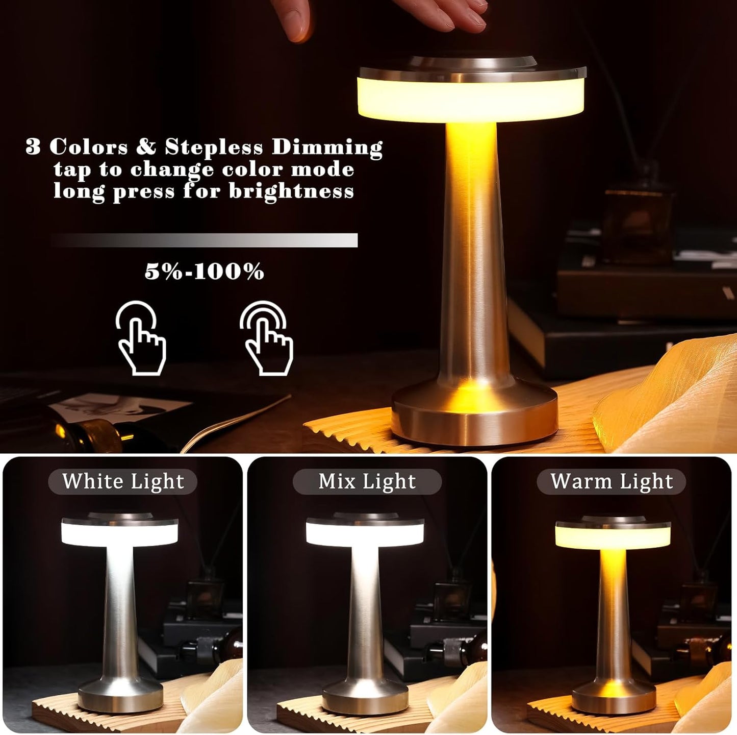 VIHOSE Set of 8 LED Portable Cordless Table Lamp with Touch Sensor 3 Color Stepless Dimming Rechargeable Battery up to 15 Hours Cordless Table Light Wireless Lamp for Nursery(Silver)