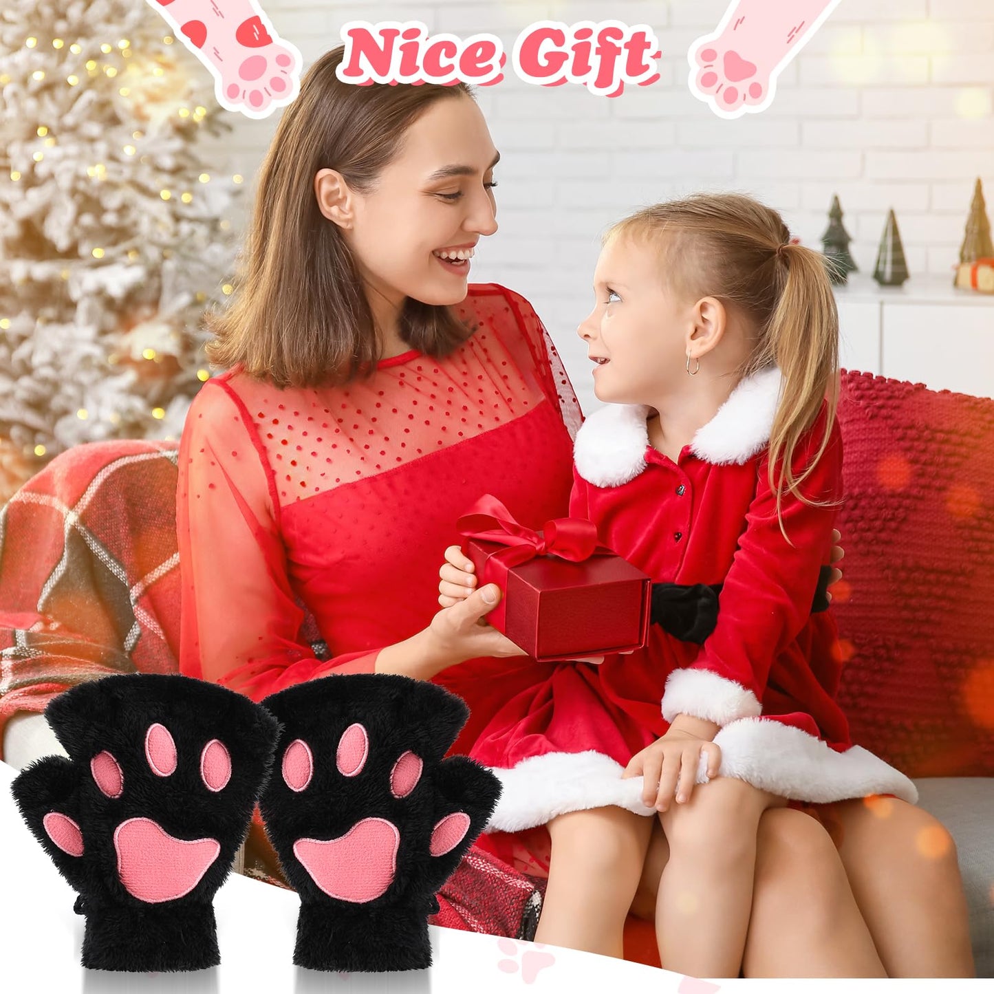 Cat Paw Gloves Black Bear Furry Paw Fingerless Hand Winter Paw Gear Kawaii Cat Claw Gloves Warm Mittens Cute Faux Fur Plush Half Finger Paws Gloves Cat Paw for Girls Women Halloween Cosplay Costume