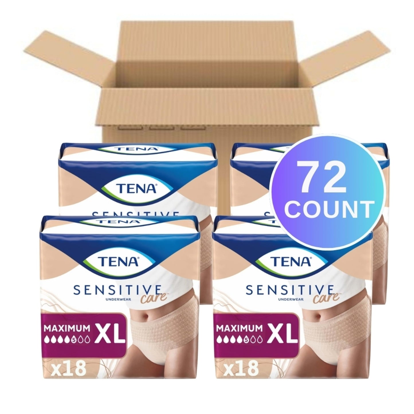 Tena Sensitive Care Adult Incontinence Underwear for Women, Maximum, XL, 72 Count (Waist Size 45in-58in)