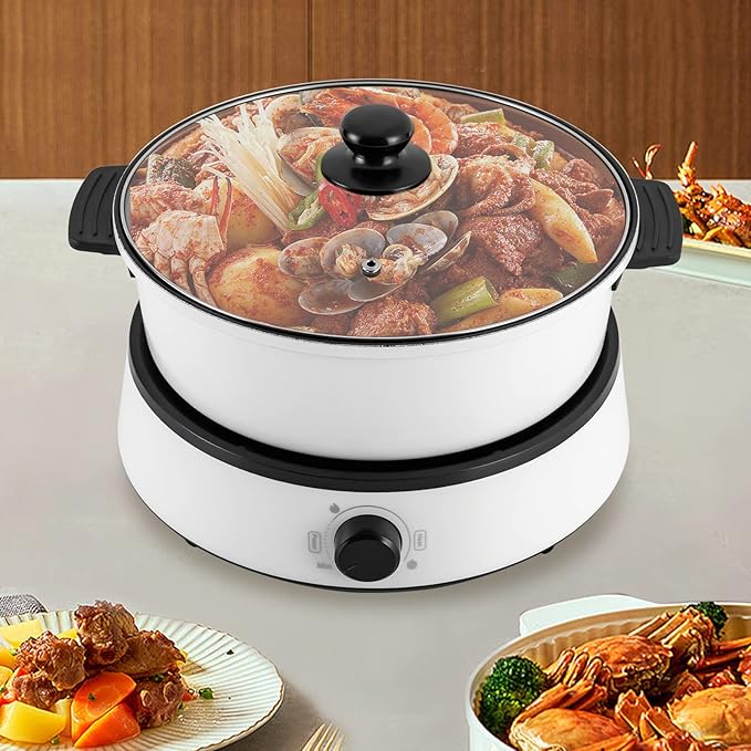 4L/4.2Qt Electric Hot Pot,Portable Electric Pan 1350W,Non-Stick Electric Skillet 1-5 People,Multi-Cooker for Parties, Barbecues,Camping,Travel (White)